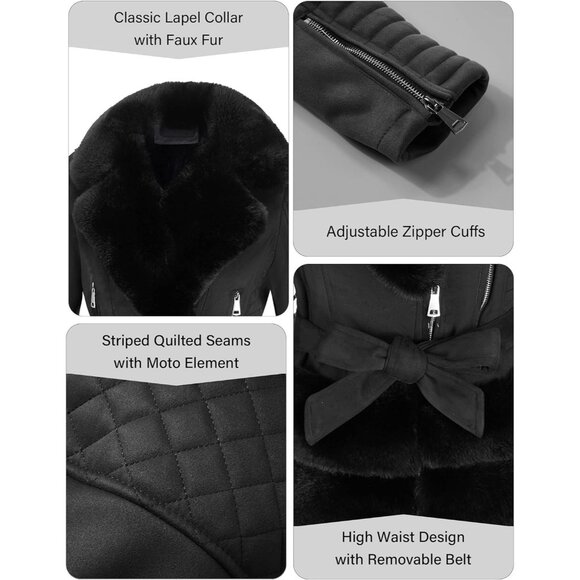 ⚡Women's Black Faux Leather Jacket Moto Biker Lined Coat Removable Fur Collar - Picture 4 of 5